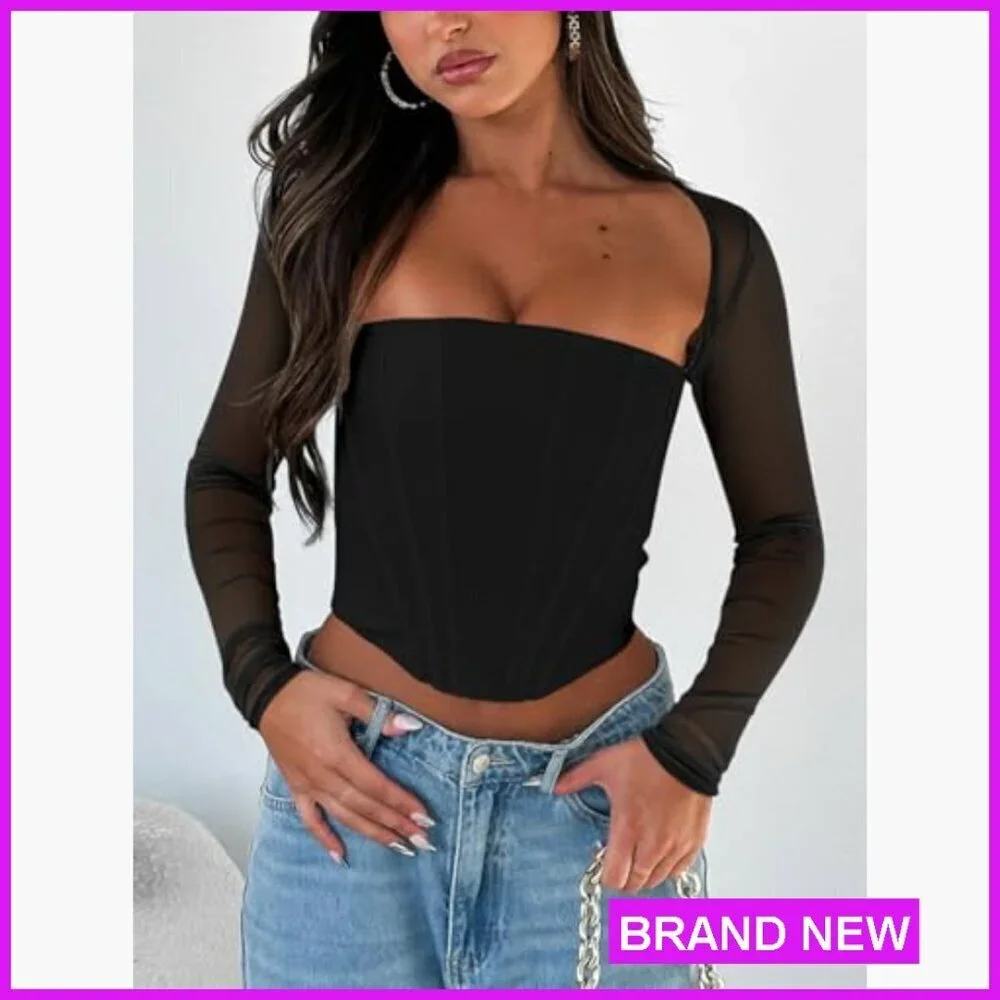 Mesh Long Sleeve Boned Corset Top Y2K Square Neck Bustier Crop Tops